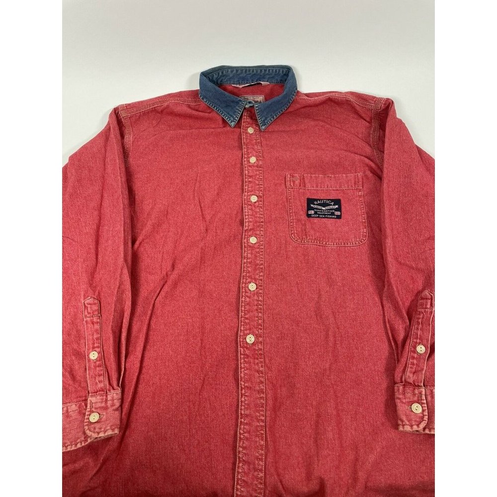 Vintage Nautica Red Blue Denim Collar Long Sleeve Button Down Shirt Men XL